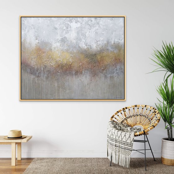 ILLUMINATE. Extra Large Abstract Gray, White, Beige, Gold  Textured Painting.