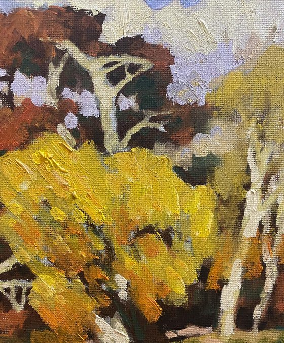 Original Oil Painting Wall Art Artwork Signed Hand Made Jixiang Dong Canvas 25cm × 30cm Trees in Autumn Park small  Impressionism