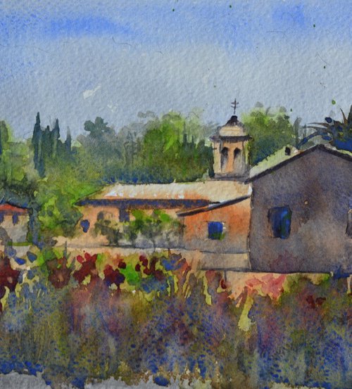 Green vine and orange house Gouvia Corfu Greece 17x36 cm 2022 by Nenad Kojić watercolorist