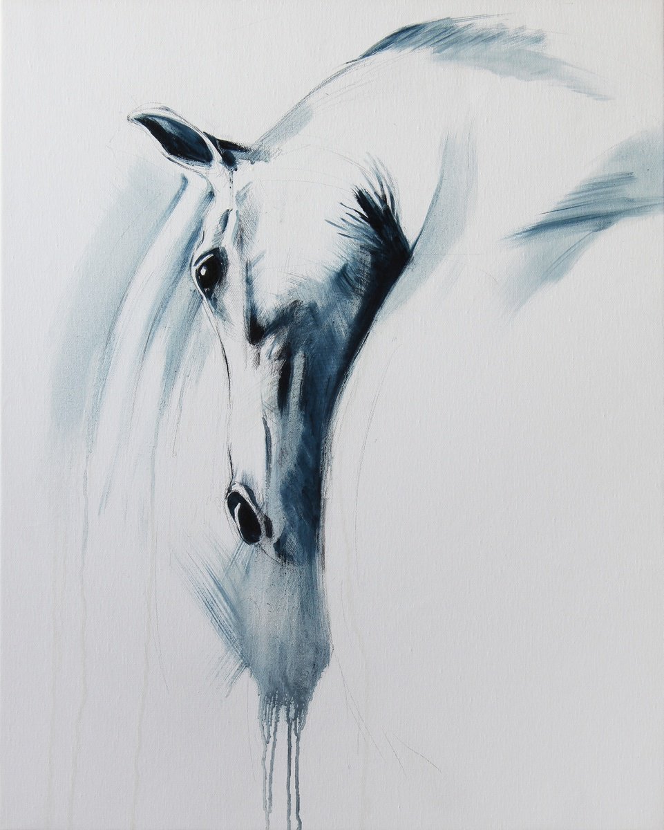 Expressive Animal Oil Painting By Marie Madej, 24 X 30", Teal Horse Ii, Original Artwork