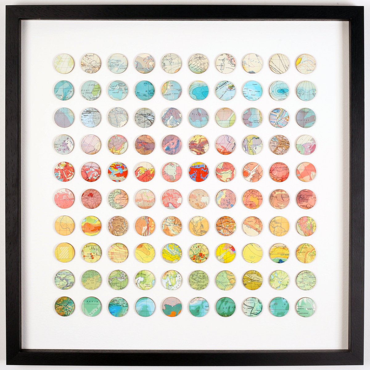 100 Rainbow Map Dots Geometric Artwork Black frame by Amelia Coward