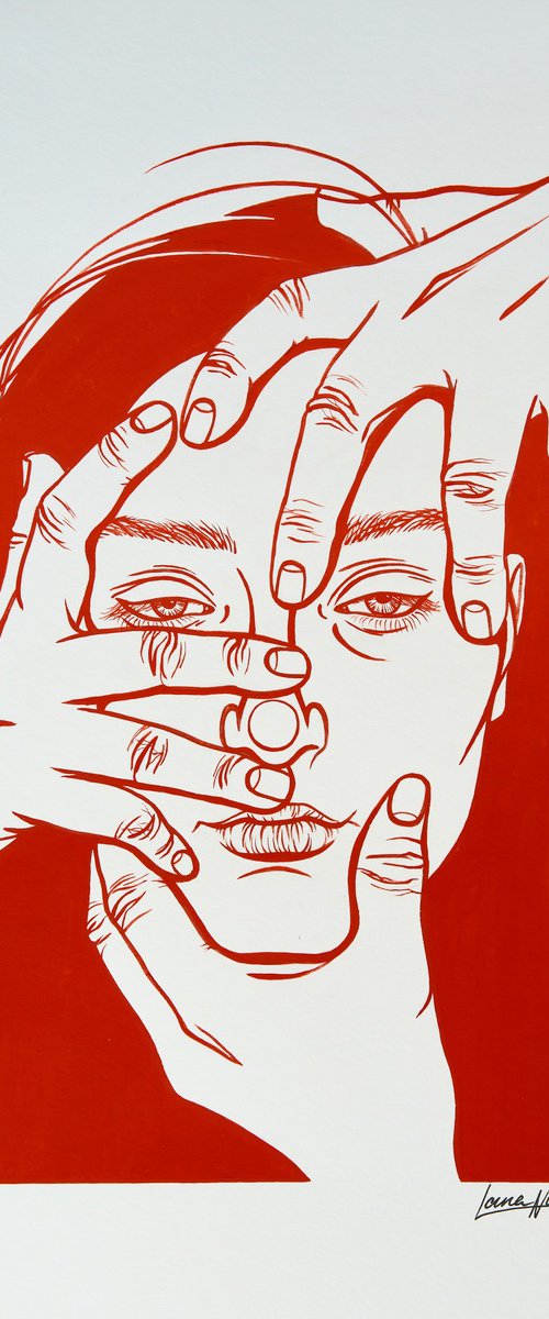 Portrait of a woman with hands on her face by Lana Nuori