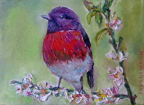 Original Oil Painting 5x7",Eden Bird Mini Art,Colorful Shabby Chic,Burgundy Red,Peaceful Artwork,Canvas Wall Decor,Unframed Impasto Picture