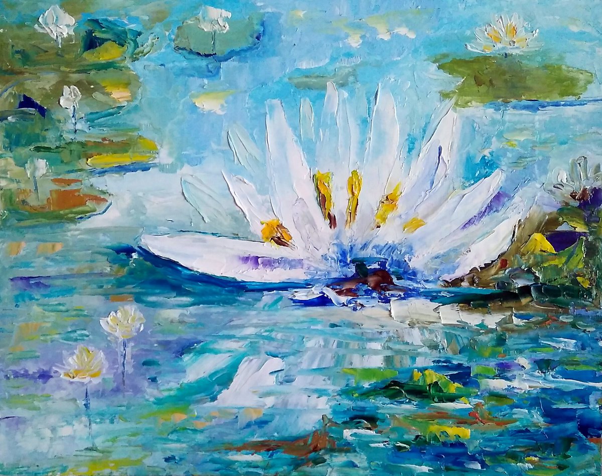 Lotus Painting Original Art Water Lily Artwork Small Floral Wall Art Flower Oil Painting by Yulia Berseneva