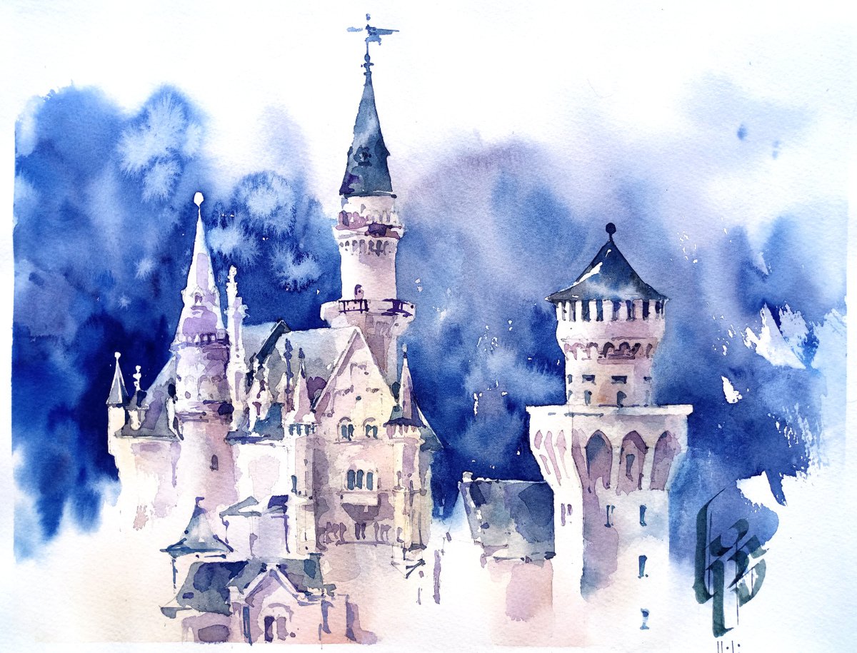 Impressionistic Cityscapes Watercolour By Ksenia Selianko, 14 X 11", Neuschwanstein Castle, Original Artwork