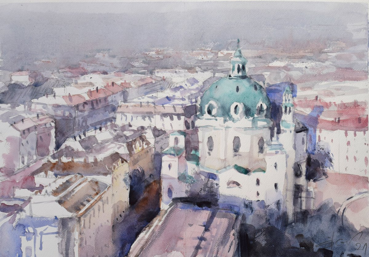 Impressionistic Cityscapes Watercolour By Goran Zigolic Watercolors, 20 X 14, View On Vienna (Wien), Original Artwork