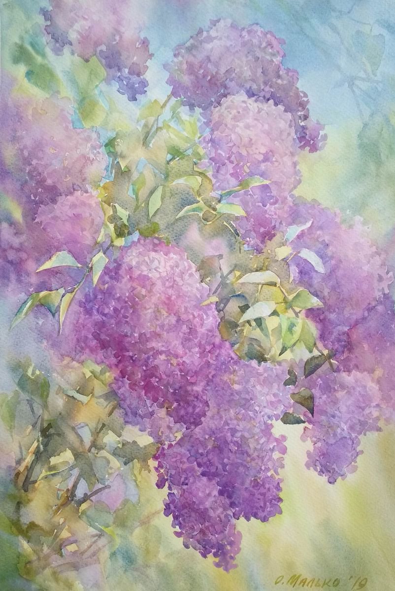 Lilac wave / Lilac watercolor Floral painting Spring flowers by Olha Malko