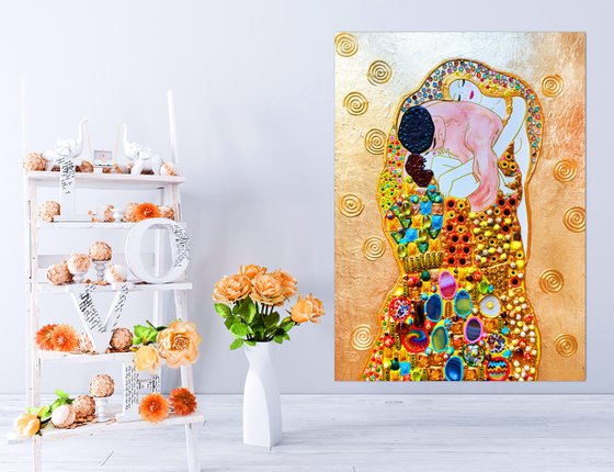 Love family portrait (Klimt inspired). Natural stones, gold leaf, decorative mosaic