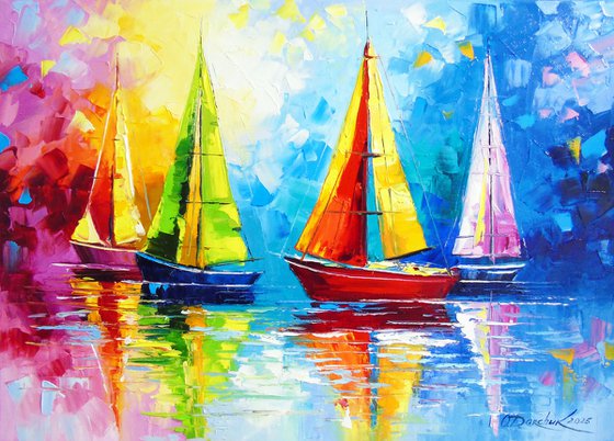 Sailboats in the rainbow dawn