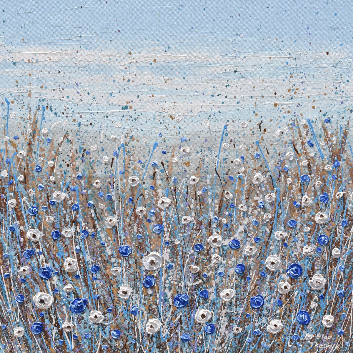 Impressionistic Botanical Acrylic Painting By Olga Tkachyk, 24 X 24", Blue And White Flowers, Original Artwork