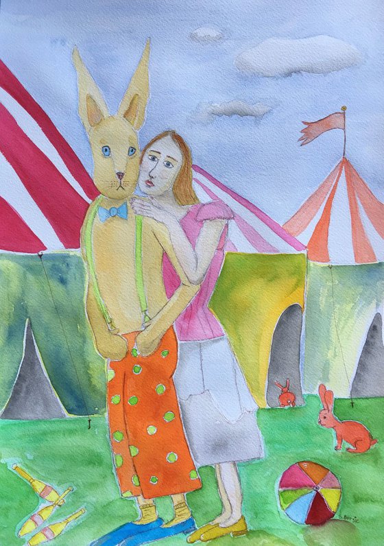 Vintage Circus Woman with giant rabbit  Quirky & Figurative