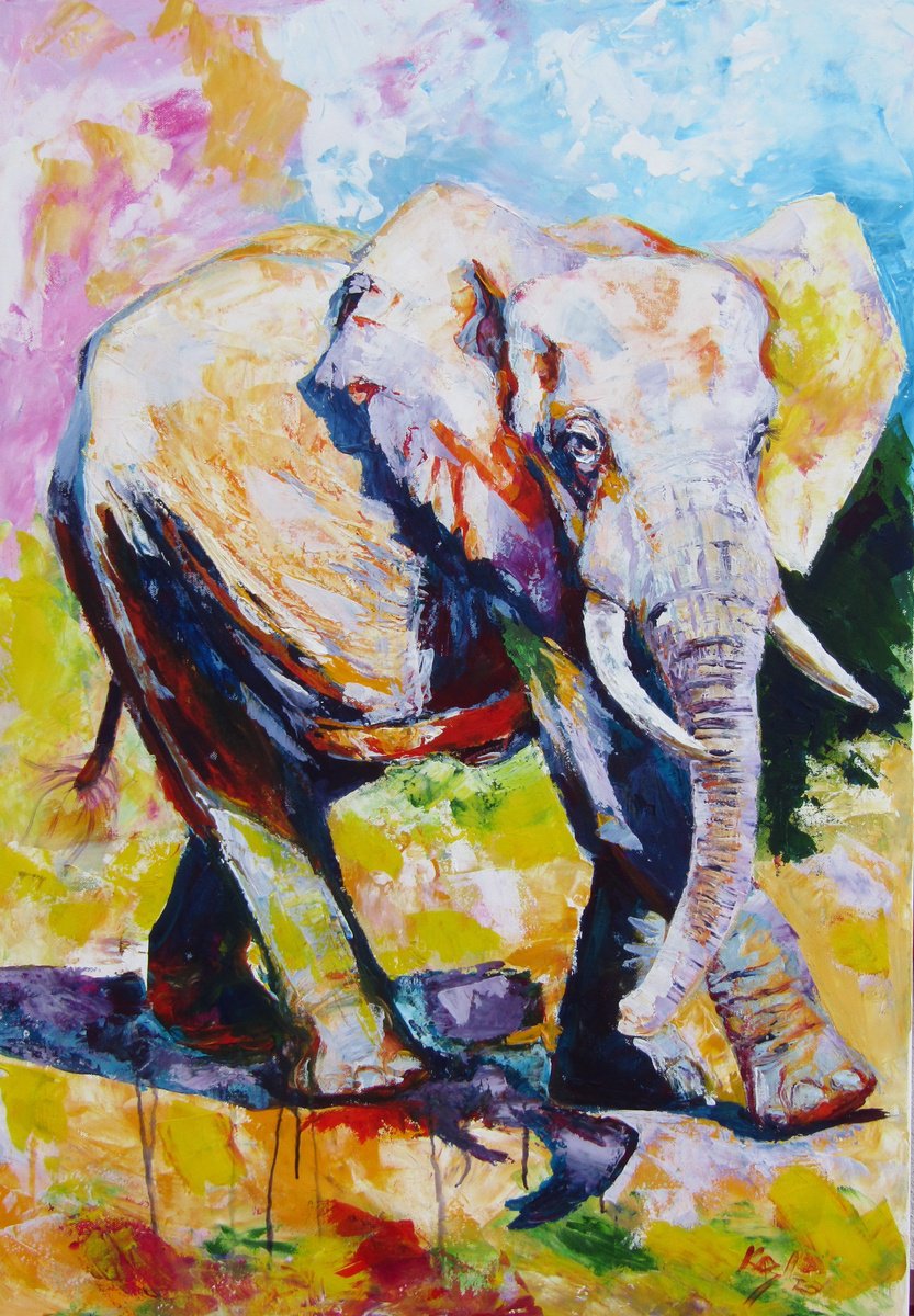 Impressionistic Animal Acrylic Painting By Kovacs Anna Brigitta, 28 X 39", Walking Majestic Elephant Ii, Original Artwork