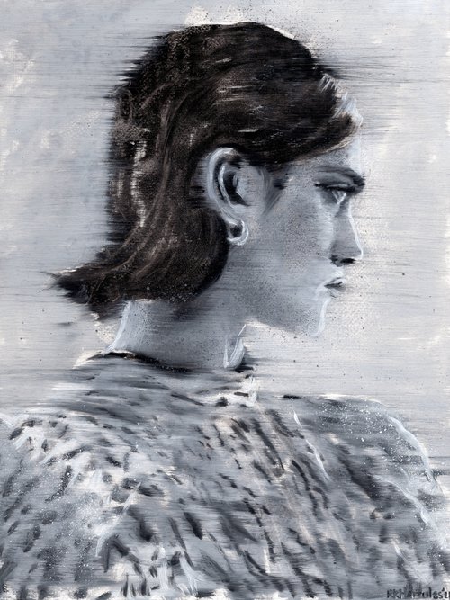 Emilia | Black and white shoulder woman oil painting on paper | beautiful powerful lady wearing nightwear by Renske Karlien Hercules