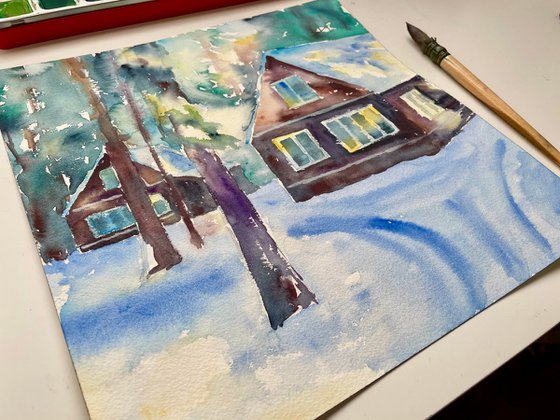 Winter Landscape Watercolor Painting, Snowy Forest Original Wall Art, Cozy Home Decor