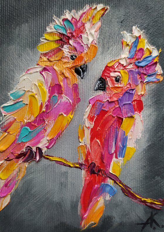 Birds in love - parrots oil painting,parrots, birds love, love, postcard size, birds, animals oil painting, art bird, gift.