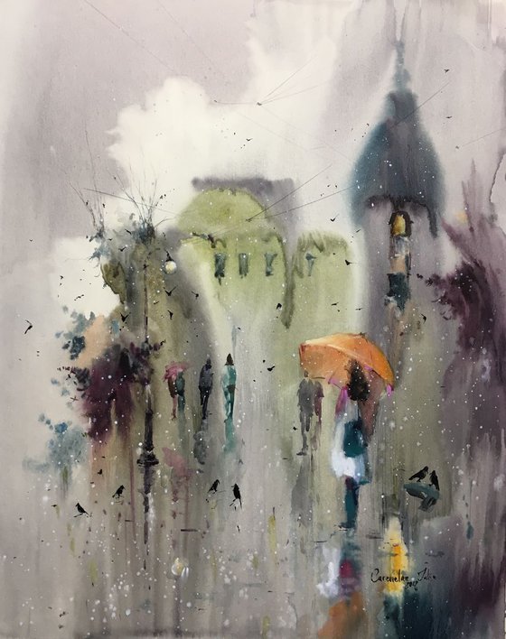 Watercolor "Cityscene with rain”