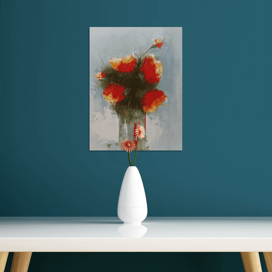 Still life with red flowers in vase. Gift idea