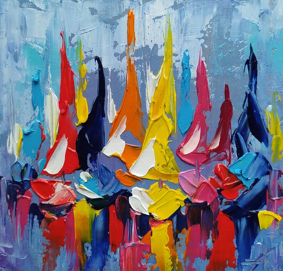 Small yachts - yacht racing, yacht, boats, oil painting, yacht club, sea with yachts, yacht original painting, seascape, small size, postcard size