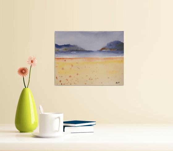San Sebastian (Donostia) beach with moody sky. Small watercolor painting landscape sky impressionistic nature blue sky highway road Spain Travel trip yellow