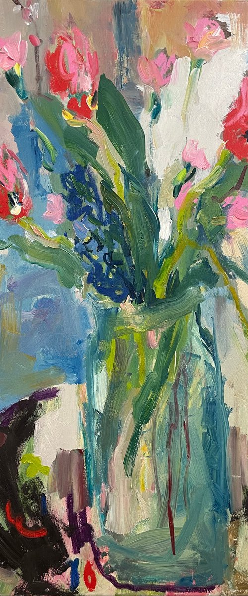 Spring flowers in a glass vase by Lilia Orlova-Holmes