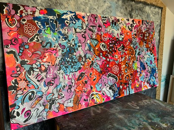 71''x 35''(180x90cm),Life in Colors 9, urban ,pop art ready to hang, colorful canvas art  - xxxl art - abstract art painting- extra large art- mixed media