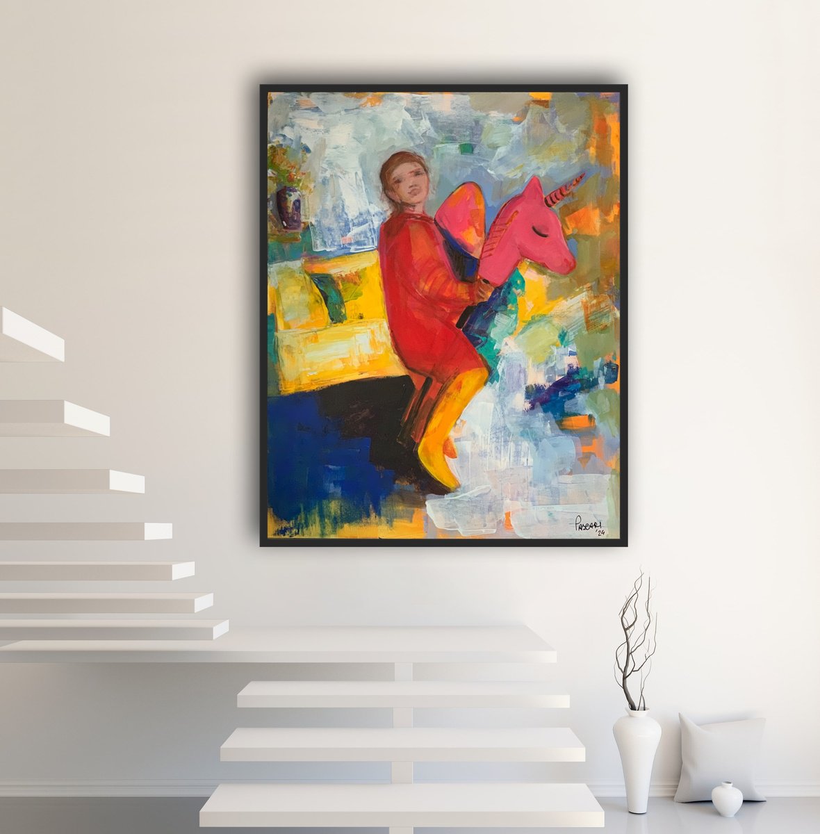 Impressionistic Portrait Acrylic Painting By Olga Pascari, 31 X 39", Pink Horse .Xxl Painting, Original Artwork