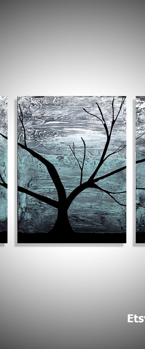 triptych multi color 3 panel wall art color turquoise black white impasto tree in wood "The Tree of life" turquoise edition 3 panel wall abstract canvas abstraction 48 x 20 " other sizes available by Stuart Wright