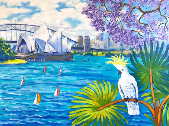 Sydney landscape with cockatoo and jacaranda