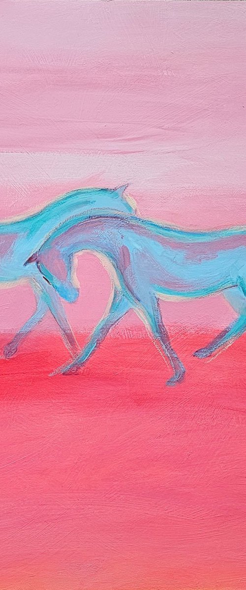 White blue horses at soft pink sunset by Ksenia June