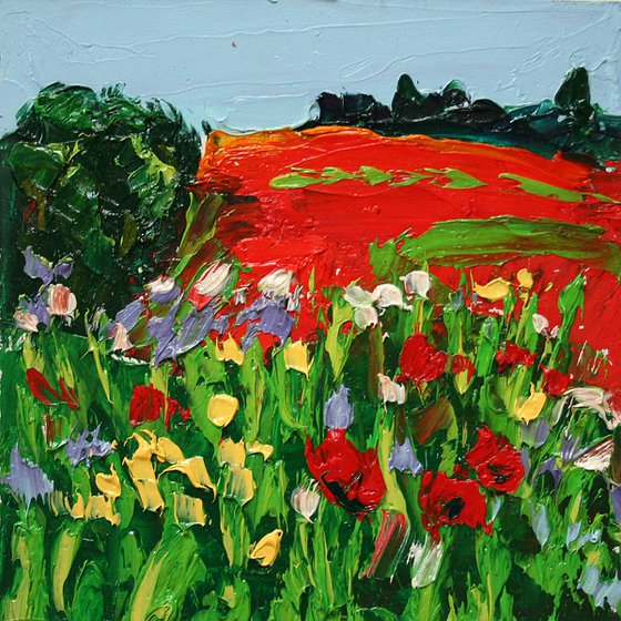 Poppy fields... 4x4" / FROM MY A SERIES OF MINI WORKS LANDSCAPE / ORIGINAL OIL PAINTING