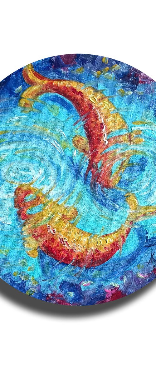 Cycle - fishs, love, fish oil painting, round canvas, gold fish, water, goldfishs oil painting by Anastasia Kozorez