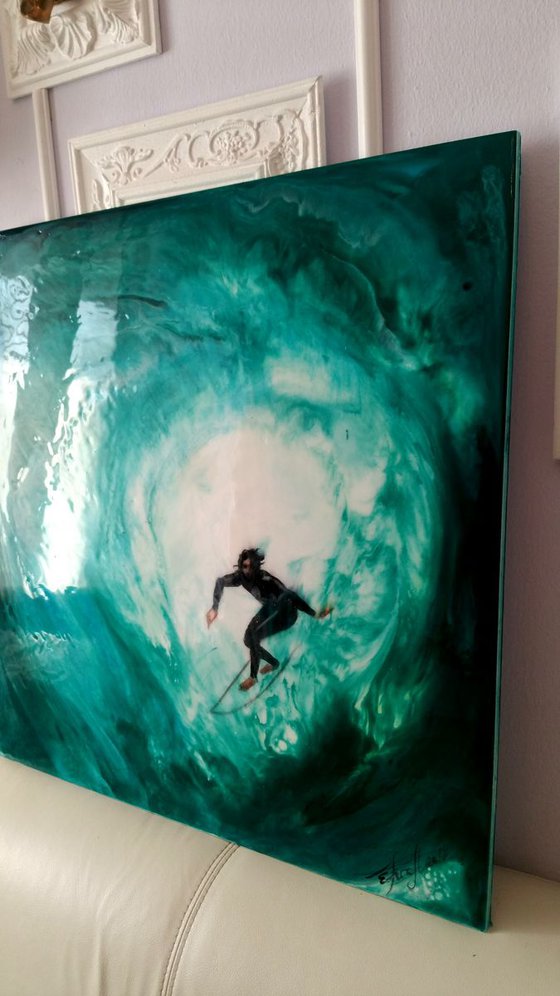 "Surfer"Contemporary resin  painting on  board, 60x60x1,2cm, ready to hang