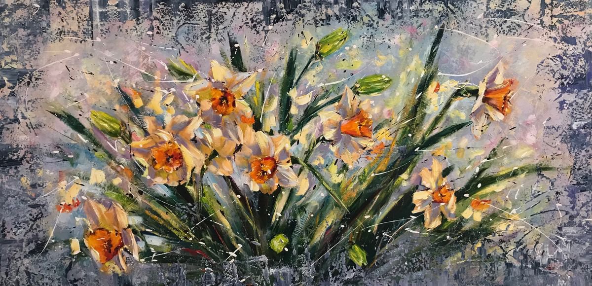 Impressionistic Botanical Oil Painting By Diana Malivani, 39 X 20, Spring Flowers, Original Artwork