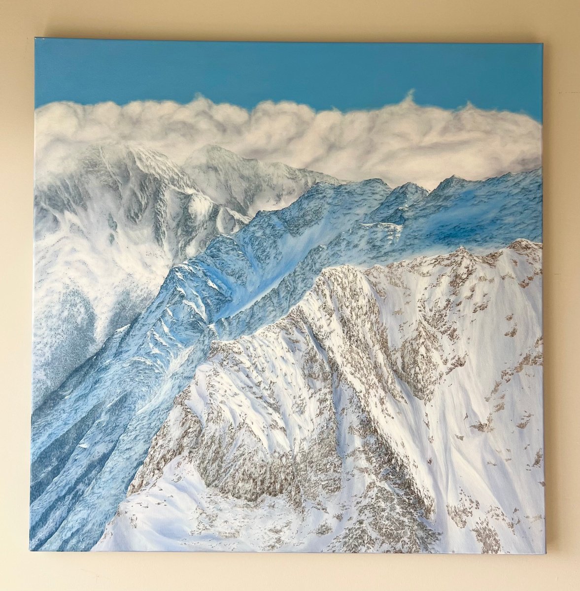 Photorealistic Landscape Oil Painting By Olya Lane, 30 X 30", Snowy Mountains, Original Artwork