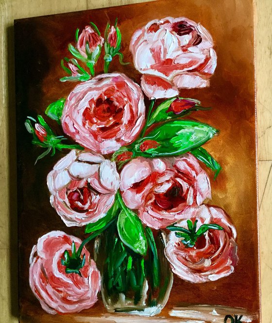BOUQUET OF CORAL ROSES  palette knife modern red pink lip still life  flowers Dutch style office home decor gift
