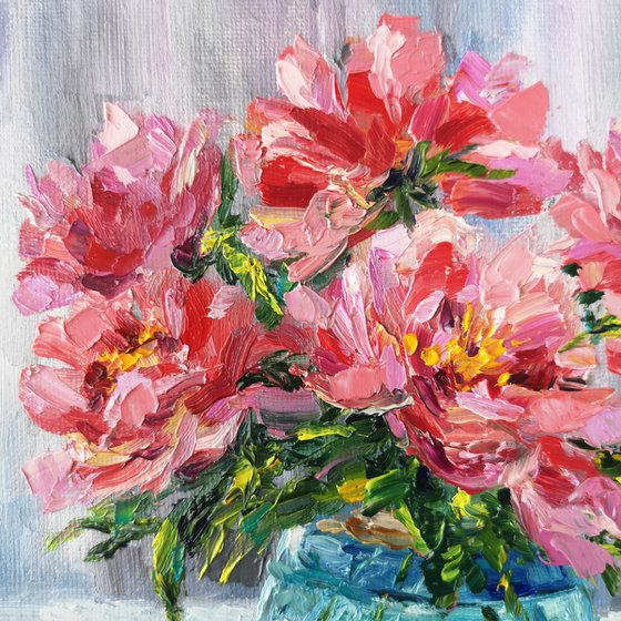 Peonies. Pink peony bouquet, small oil painting