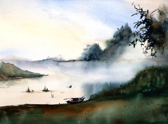Foggy Lake - Watercolor Landscape - Nature Art