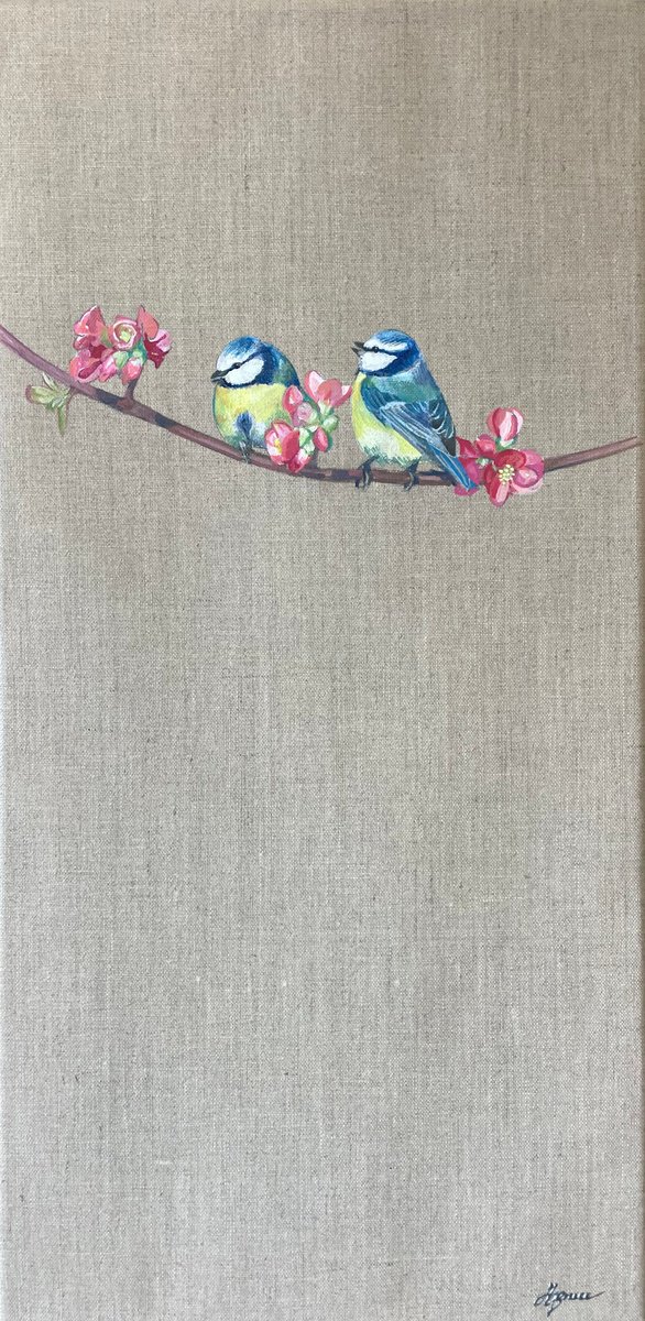 Pair of Blue Tits on Linen by Hannah Bruce