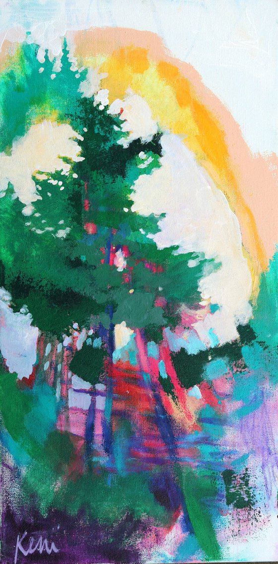 Sunbeam Bridge 12x24" Colorful Abstract Forest Scene on Canvas
