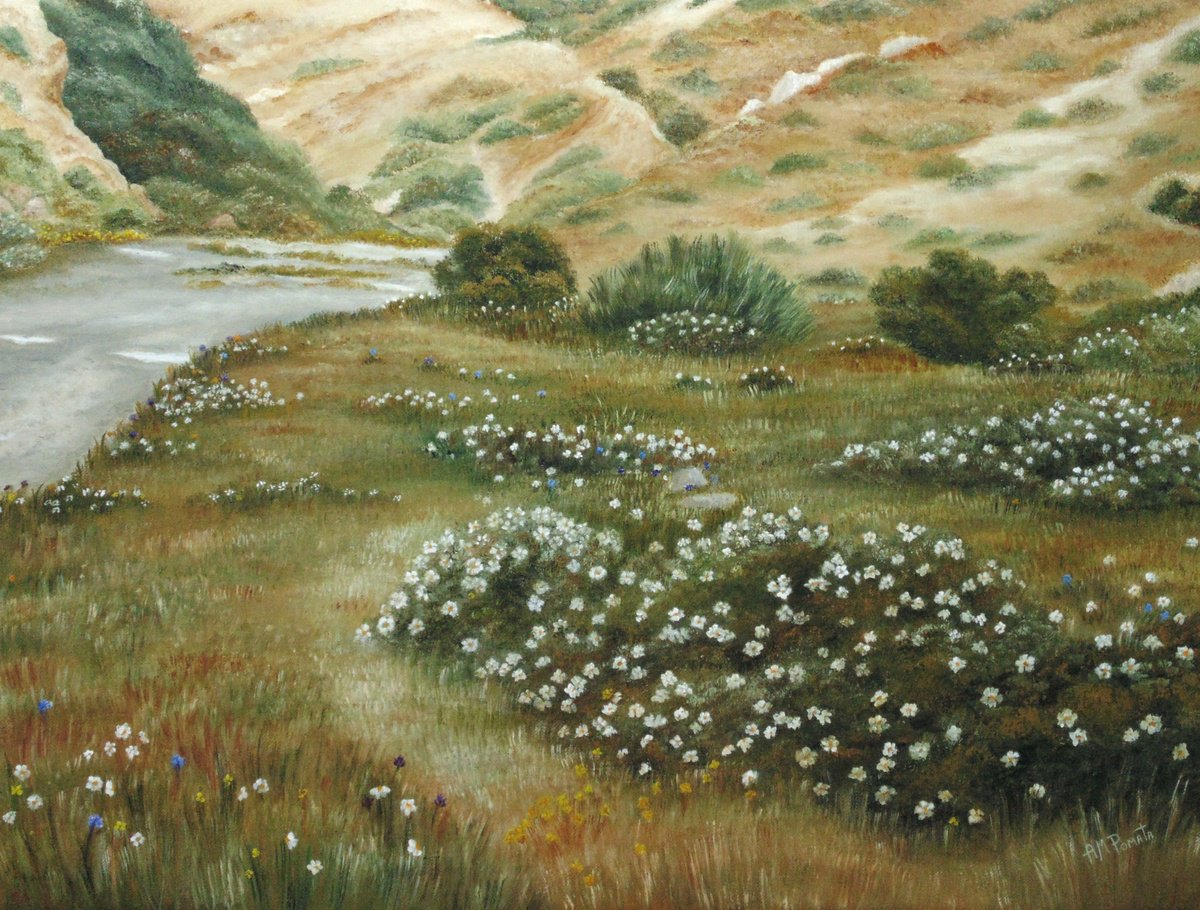 Impressionistic Landscape Oil Painting By Angeles M. Pomata, 24 X 18, Path Of Flowers, Original Artwork