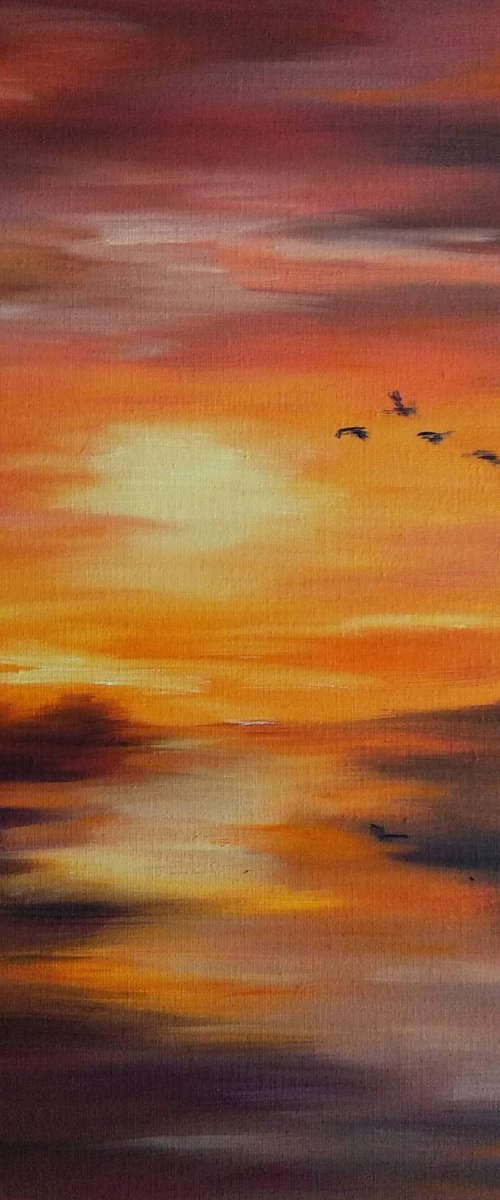 Landscape with Sea Warm Sunset colours  Orange Red Brown by Anastasia Art Line