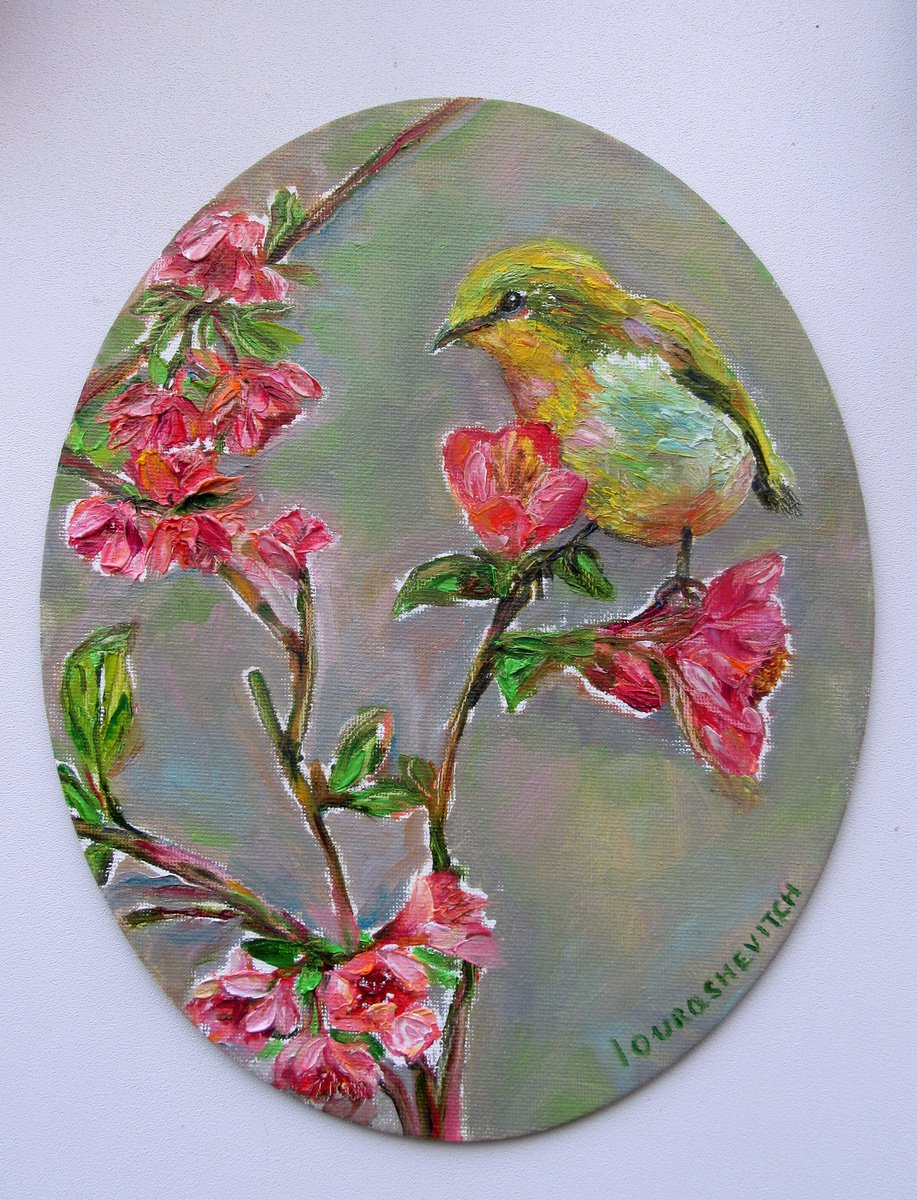 ORIGINAL Yellow Bird Oil Painting 10x8,Pink Apple Blossom,Nursery Wall Decor,Magic Eden Ga... by Katia Ricci