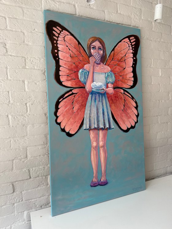 "She has wings". Original surrealistic oil painting. XXL