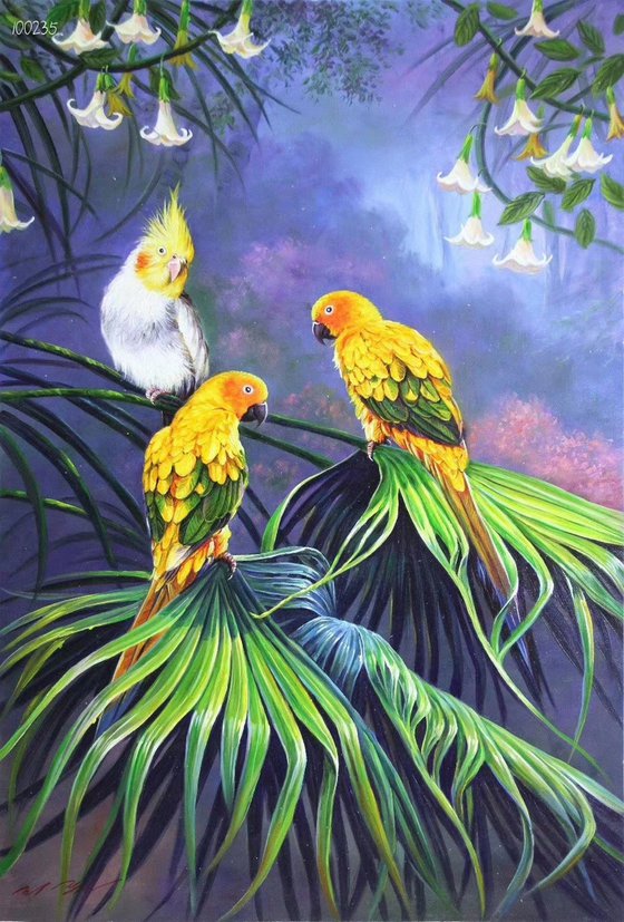 Parrots and flowers