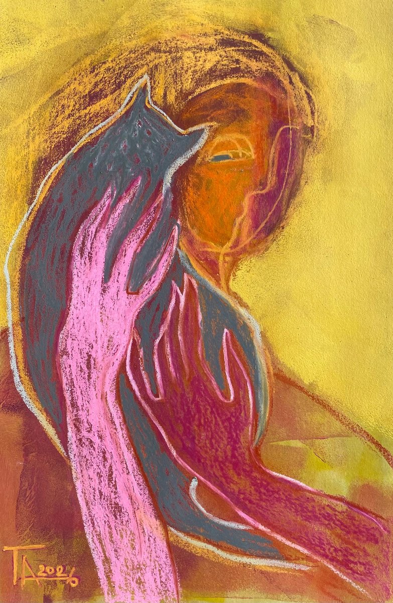 Expressive Pastel Drawing , Portrait With A Cat. By Tatjana Auschew, 13 X 20, Artwork For Sale On Artfinder