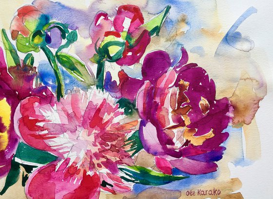 Watercolor sketch - pink and red peonies