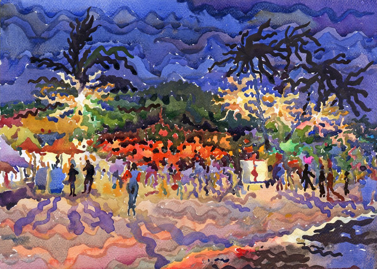 Impressionistic Cityscapes Watercolour By Tanbelia, 17 X 12", Restaurant On The Mirissa, Original Artwork