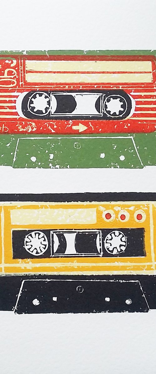Linocut tapes duo #6 (cassette tapes, retro music, 70's, 80's rock culture) by Carolynne Coulson