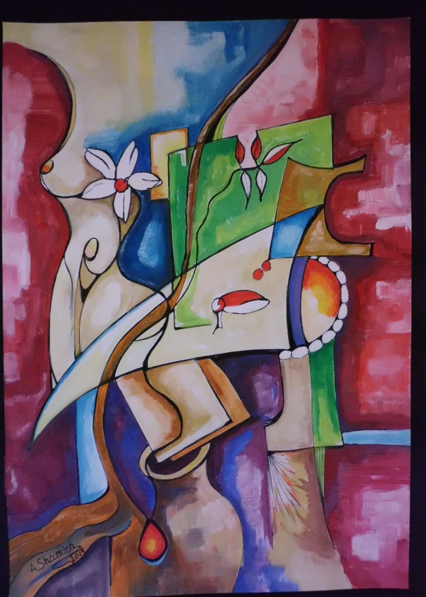 Abstract Botanical Painting By Abdelrahman Shamieh, 12 X 17, Jasmine, Original Artwork