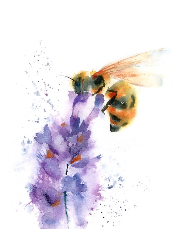 Bee on Lavender  - Original Watercolor Painting